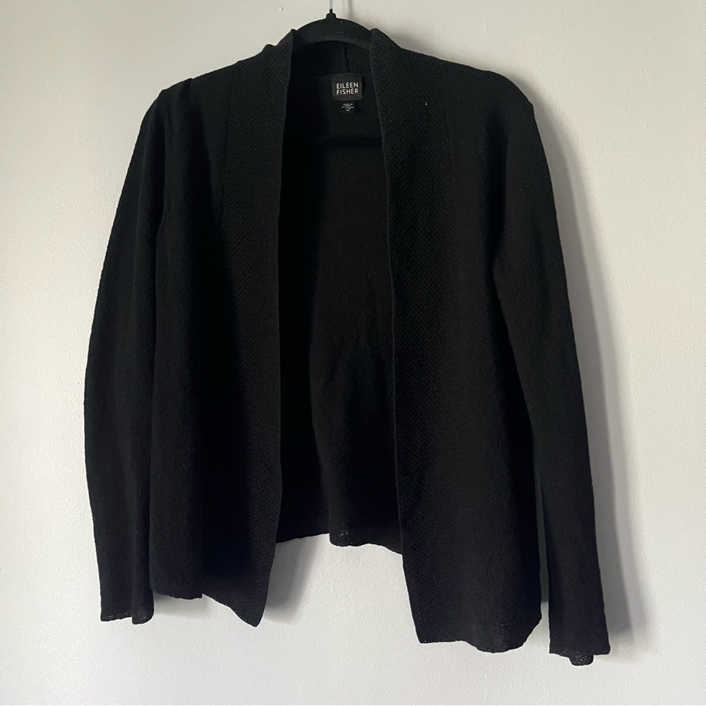 Eileen Fisher women’s open front black cardigan 100% wool Size xs